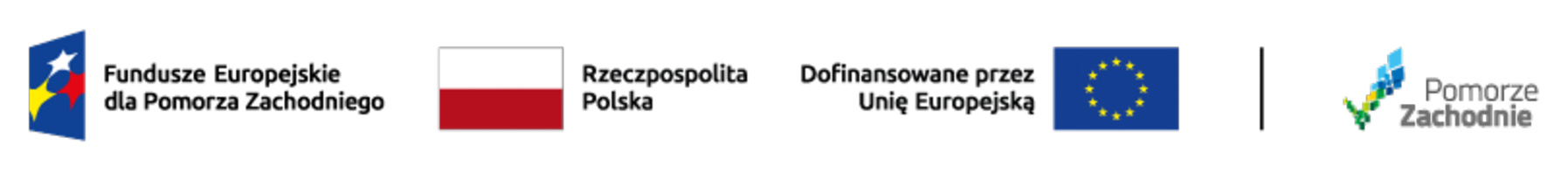 Logo Fundusze Europejskie dla Pomorza Zachodniego, Rzeczpospolita Polska, Dofinansowane przez Unię Europejską, Pomorze Zachodnie